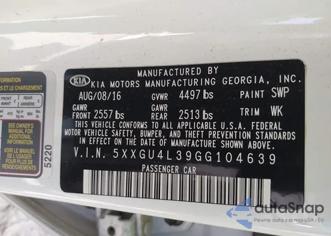 2016 Kia Optima Ex from USA, damaged, VIN 5XXGU4L39GG104639